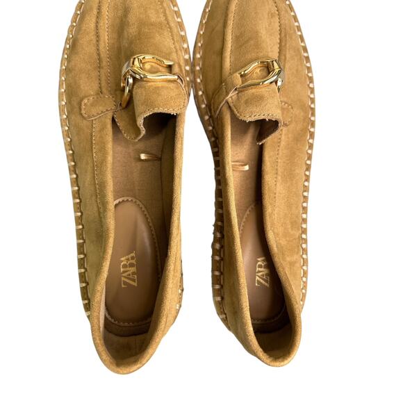 Zara Beige Suede Espadrille Flat Loafers Gold Buckle Details 38 / 7.5 - Picture 8 of 9